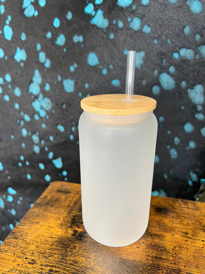 16 oz Frosted Sublimation Glass with Bamboo Lid and Straw
